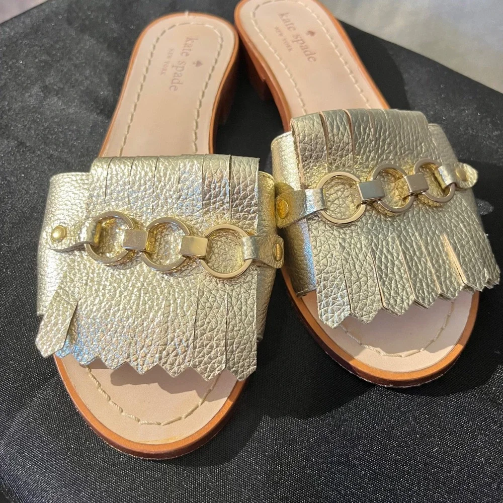 Kate Spade Brie GoldLeather Fringe Chain Slide Sandals Mules‎ Women's Size 6.5M